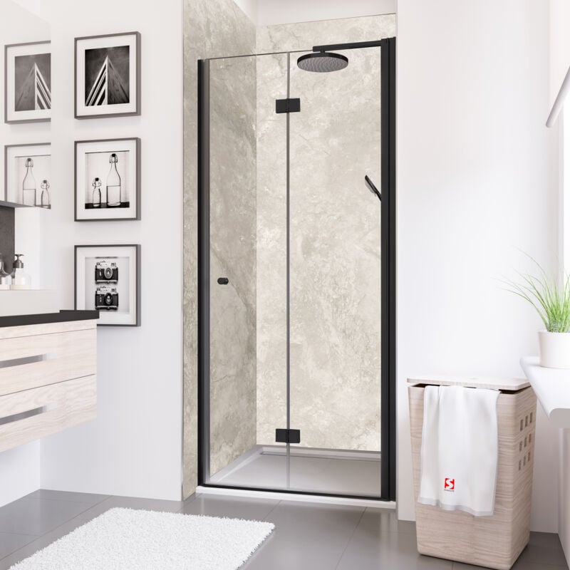 Porte de douche pivotante-pliante, verre 5 mm transparent anticalcaire, profié noir, style industriel Schulte 90 x 190 cm