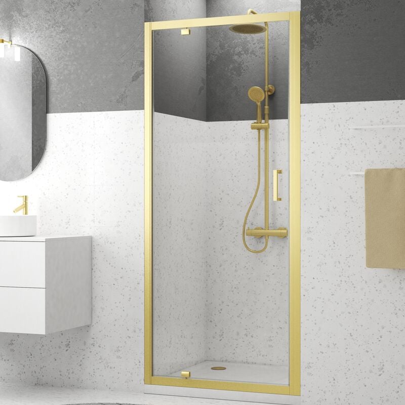 Porte de douche Pivotante 90x200cm - Profilés Or Doré Brossé - Verre Trempé 6mm - goldy crush