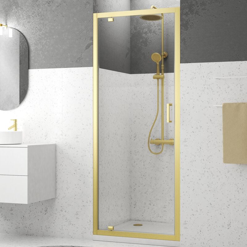 Porte de douche Pivotante 80x200cm - Profilés Or Doré Brossé - Verre Trempé 6mm - GOLDY CRUSH