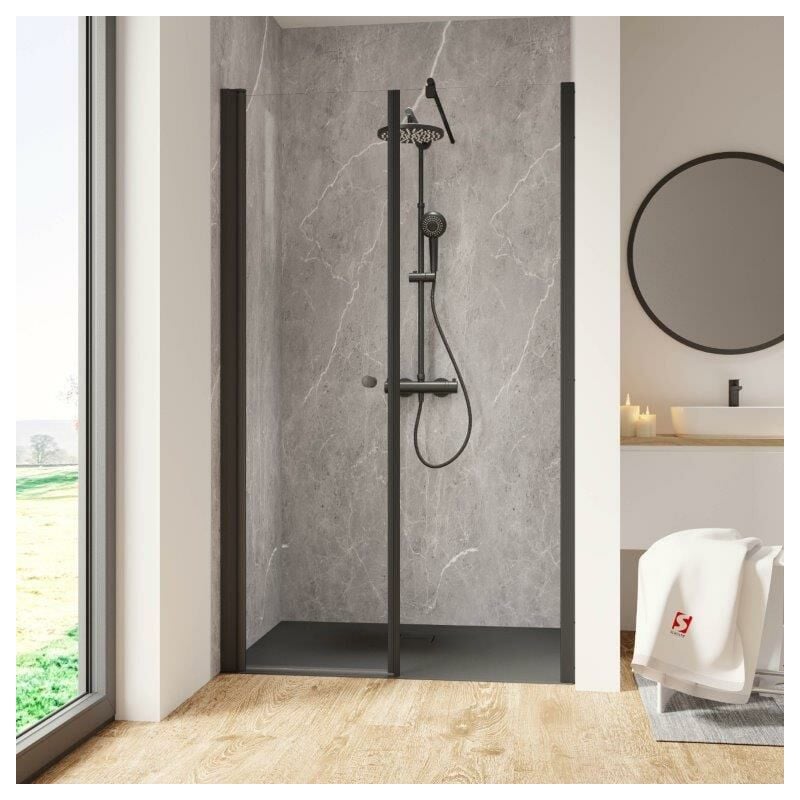 Porte de douche pivotante, verre 6 mm, profilé noir, Garant Schulte 120 x 200 cm, ouverture vers la gauche