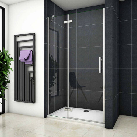 Porte de douche pivotante verre trempé clair EP.6mm - 80x195cm - Chromé - Réversible - Installer en niche - Avec barre fixe d'angle