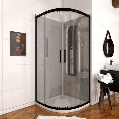 Aurlane – Paroi de douche quart de cercle 90x90x200cm – 2 portes coulissantes – Verre trempé 6mm – Profilé noir mat – Montage réversible sans silicone