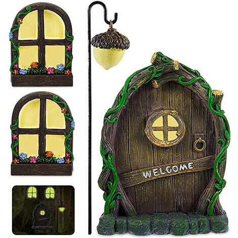 Porte de fée et fenêtres pour arbres – Sculpture phosphorescente pour chambre d'enfant, mur et arbres d'extérieur Accessoires de décoration d'extérieur pour jardin féérique miniature avec lanterne de