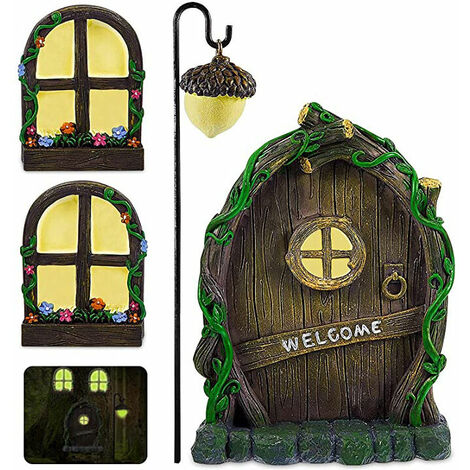 Porte de fée et fenêtres pour arbres – Sculpture phosphorescente pour chambre d'enfant, mur et arbres d'extérieur Accessoires de décoration d'extérieur pour jardin féérique miniature avec lanterne de