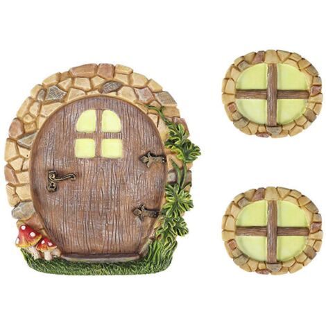 Porte de Fée Lumineuse Kit pour Fenêtres, Statue Résine Miniature Gnomes Arbres Décoration Extérieur Jardin Cour Arbre Ornement