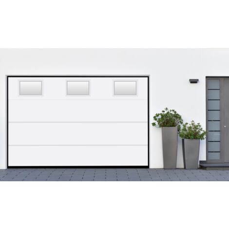 Porte de garage sectionnelle blanche motorisée l.300 x H.200 cm x Ep.40 mm Polygrain avec hublots