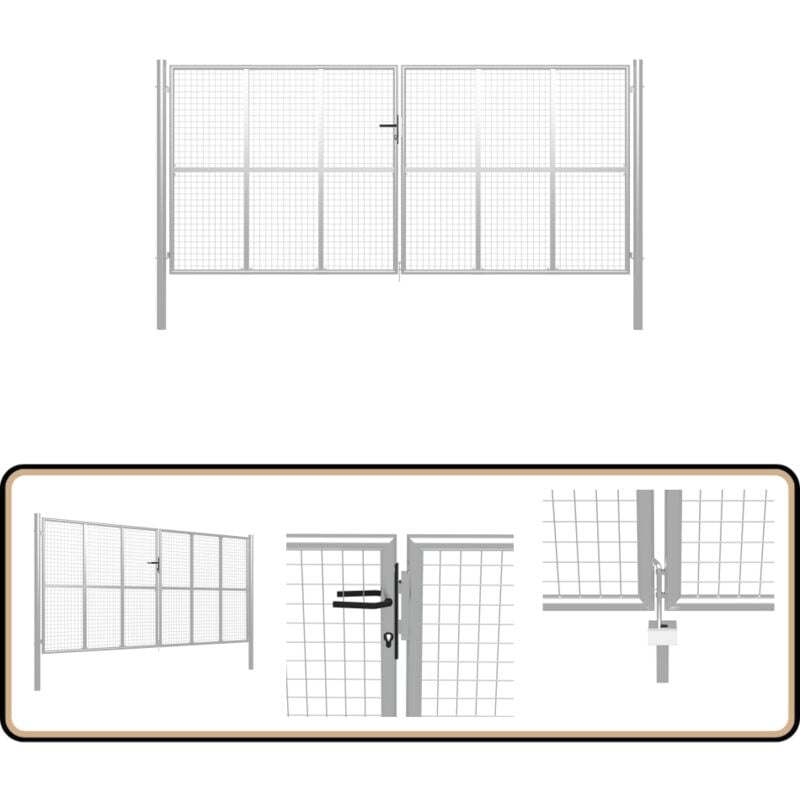 Porte de jardin Acier galvanisé 415x250 cm Argenté - Portail Jardin - Clôture Jardin - Porte D'accès - Sécurité Jardin - Protection Jardin