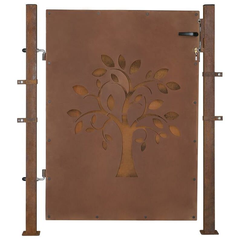 Porte de jardin cour clôture de jardin motif arbre en acier aspect rouille 80 cm