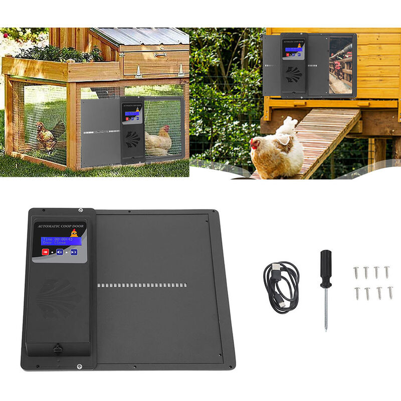Eosnow Porte de poulailler avec minuterie, affichage LED, ouvre-porte automatique programmable, ouverture horizontale pour poulets, canards, oies,