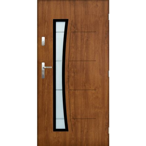 Porte d'entrée AURORE 90 cm 55 mm en acier inoxydable en 2 couleurs - Couleur: Chêne doré - Poignée et serrure : Avec - Poussant: Droit