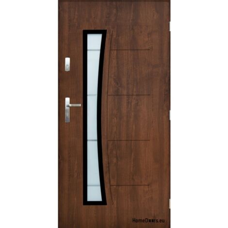 Porte d'entrée AURORE 90 cm 55 mm en acier inoxydable en 2 couleurs - Couleur: Noyer - Poignée et serrure : Sans - Poussant: Droit