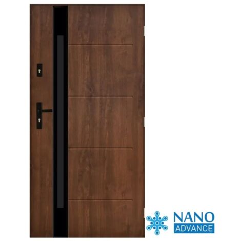 Porte d'entrée DORADE 90 cm 72 mm en acier inoxydable en 3 couleurs - Couleur: Noyer - Poignée et serrure : Sans - Poussant: Gauche
