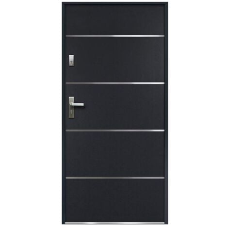 Porte d'entrée en acier pleine et inox H207 x L100 cm anthracite - poussant droit - NAXARA