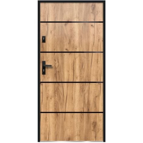Porte d'entrée en acier pleine et inox H207 x L100 cm effet chêne - poussant droit - NAXARA