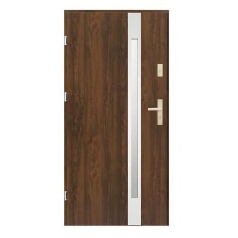 Porte d'entrée KALA 90 cm H1 en acier inoxydable noyer foncé - Poignée et serrure : Sans - Poussant: Droit