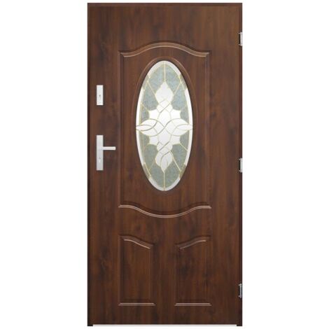 Porte d'entrée LIBERAL 80 cm en acier inoxydable en 2 coloris - Couleur: Noyer - Poignée et serrure : Sans - Poussant: Gauche
