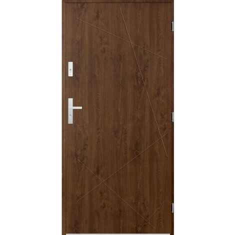 Porte d'entrée simple DIAGO 80 cm noyer - Poignée et serrure : Avec - Poussant: Droit