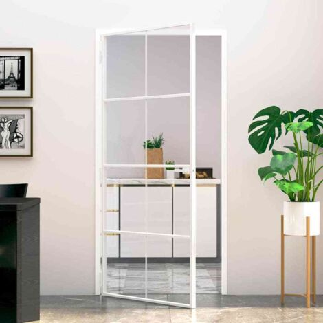 Porte d'intérieur-Portes d'entrée Blanc 93x201,5 cm Trempé verre aluminium fin 103091