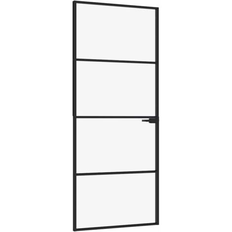 Porte d'intérieur,Porte d'entrée Noir 83x201,5 cm Trempé verre aluminium fin CFW68636