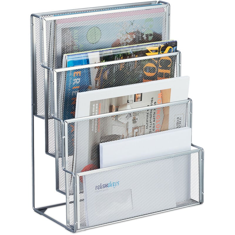 Relaxdays Porte-documents, métal, 4 compartiments, pour lettres et magazines, H x L x P : 43 x 33 x 18 cm, argenté