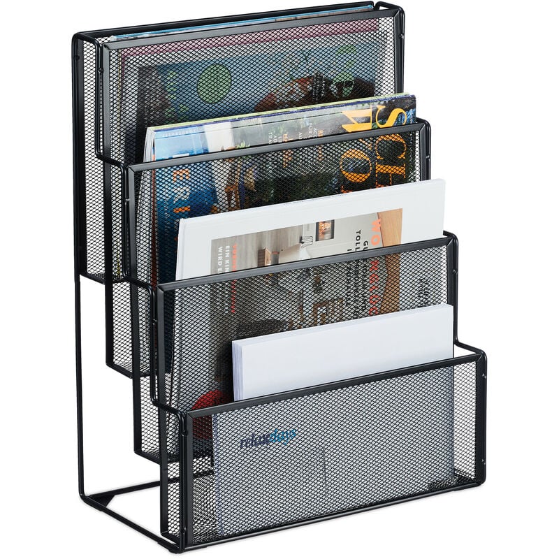 Porte-documents, métal, 4 compartiments, pour lettres et magazines, h x l x p : 43 x 33 x 18 cm, noir - Relaxdays