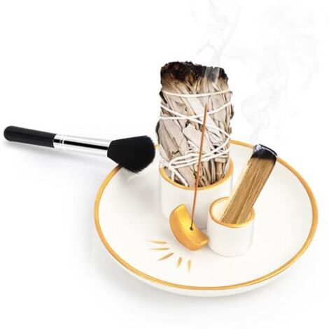 Porte-Encens 4 en 1 Lune, Porte-Encens en Céramique Lisse Support Palo Santo Méditation Brûleur D'encens Porte Encens pour Bâtons Plateau Collecteur Cendres en Céramique pour Yoga Bavure