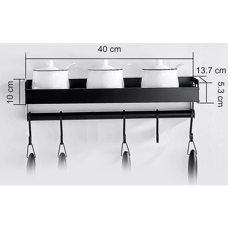 Porte-Épices, Support Rangement Ustensiles De Cuisine Mural 5 Crochets,Murale Sans Perçage,Aluminium, Antirouille,Noire,40cm