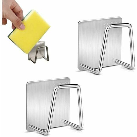 Porte-éponge adhésif, 2 porte-éponges en acier inoxydable, porte-éponge de cuisine sans perçage, organisateur d'évier de porte-éponge adhésif, organisateur d'évier de cuisine (argent)
