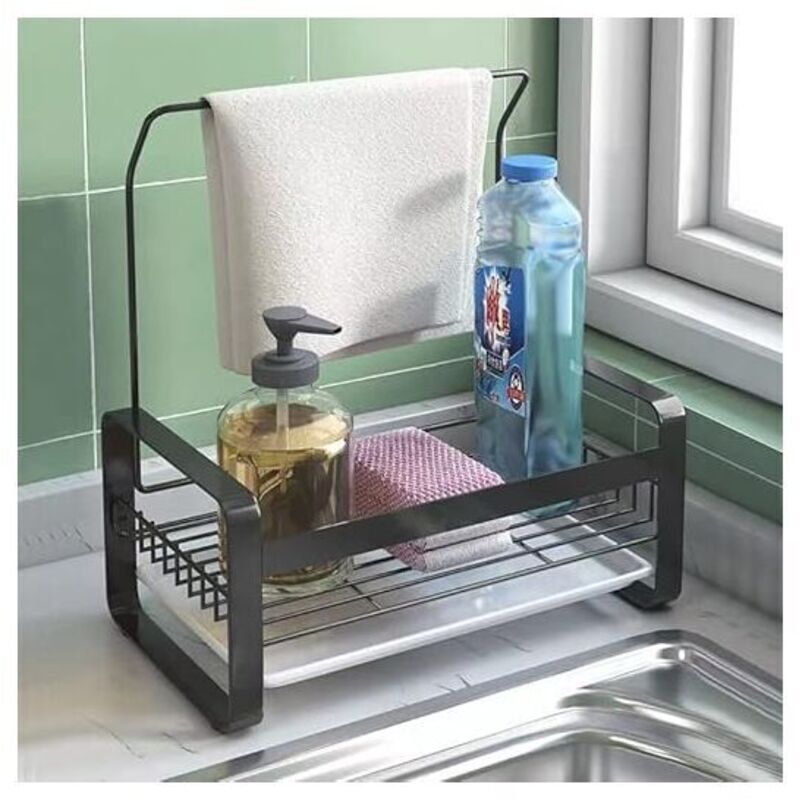 Porte Eponge d'Evier Inoxydable avec Porte-Serviettes,Panneau Amovible pour Ranger Brosses à Vaisselle,éponges à Vaisselle et Liquide Vaisselle (Noir Porte Eponge d'Evier Inoxydable avec Porte-Serviettes,Panneau Amovible pour Ranger Brosses à Vaisselle,éponges à Vaisselle et Liquide Vaisselle (Noir