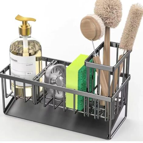 Porte-éponge inox gris avec séparateur, multi-usage cuisine et salle de bain, sans percer