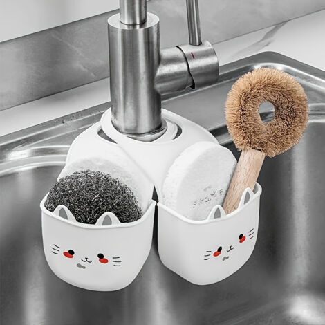 Porte-éponge/porte-robinet en silicone mignon en forme de chat avec trou d'évacuation pour salle de bain et cuisine