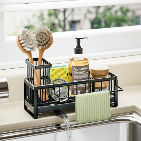 Porte-éponge pour évier de cuisine - Égouttoir autonettoyant avec porte-brosse et porte-torchon, organisateur de plan de travail en acier inoxydable - Noir
