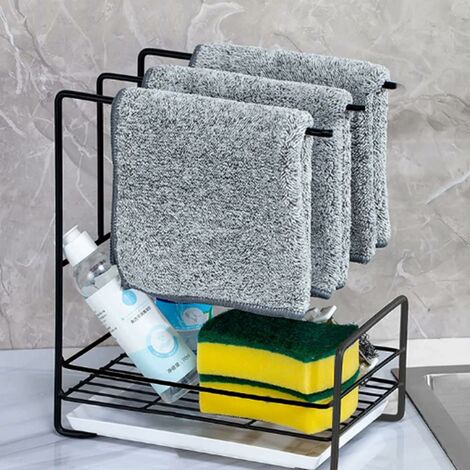 Porte-éponge pour évier, porte-éponge en métal, support de rangement pour évier de cuisine avec porte-serviettes et plateau amovible, noir (hors éponges à vaisselle)