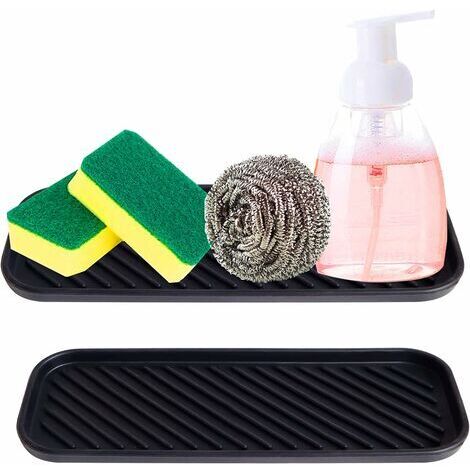 Porte éponge Silicone Organisateur d'évier en Silicone Porte Savon Antidérapant Plateau d'organisation de la Cuisine pour Savons, éponges, Brosses (Lot de 2, Noir)