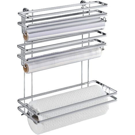 Porte essuie-tout WENKO Trio Style métal chromé 32 cm argent support essuie-tout sans percer dérouleur papier essuie-tout range-rouleaux mural organisateur cuisine rangement essuie-tout