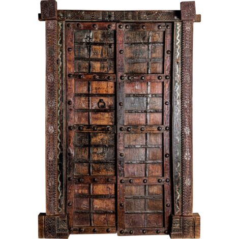 Porte ethnique en bois de teka brun vieilli - Brun antique ethnique en teka