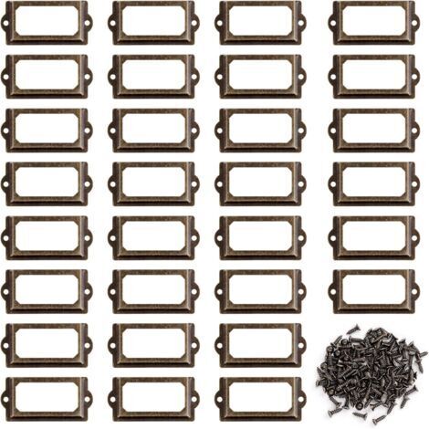Porte-étiquettes en Métal, 30 Pièces Cadre Étiquette avec Vis, Bronze Rétro Porte Poignée Cadre pour Meubles, Tiroirs, Armoires, Bibliothèque (70 x 33 mm)