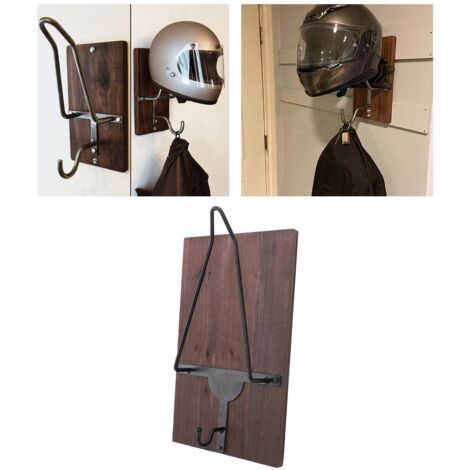 Porte-étui mural pour casque moto avec support bois et métal et crochet pour vestes - Porte-casque mural multifonction