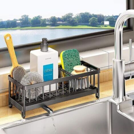 Porte Evier Cuisine,Organisateur Evier Cuisine,Rangement Pour Éponge,Support Eponge evier,Porte Éponge avec Plateau D'égouttage Amovible Sink Caddy Kitchen Organizer