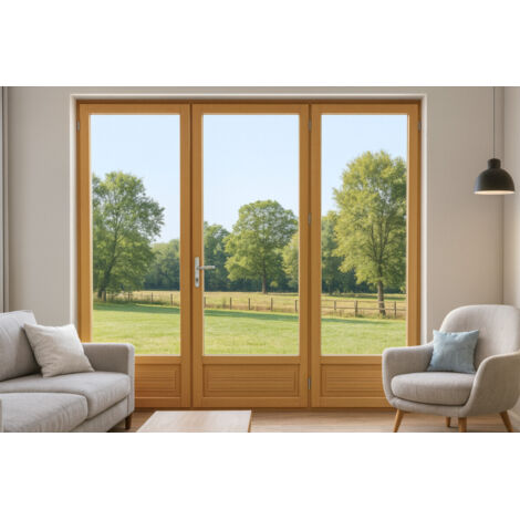 Porte-fenêtre Bois 3 Vantaux 215x180 GD Menuiseries – Double Vitrage Marron