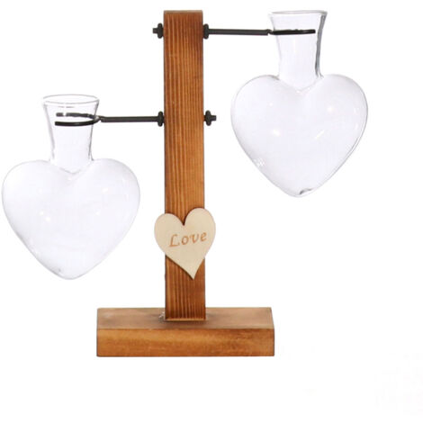 Porte-fleur en Bois et Verre Support avec Vase Cœur (Taille: 15cm, 20cm) - Support pour Plantes (1 Porte-fleur + 2 Vases)