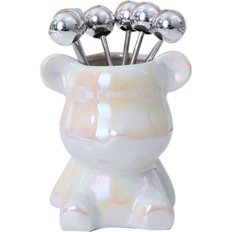 Porte-fourchettes en Céramique Animaux Mignons avec 6 Fourchettes Inox pour Fruits – Support de Cuisine Maison en Forme d'Ours Blanc Perlé