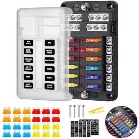Porte-fusibles 12 compartiments ATC/ATO 12 V/24 V CC 12 V 100 A avec 16 fusibles et indicateur LED pour voiture, bateau, camion, camping-car, van