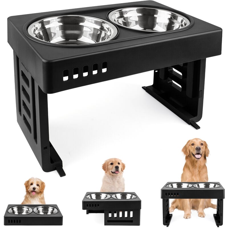 Porte Gamelle Chien Pliable, Gamelle pour Animaux de Compagnie, 2 x2600ML, Bol en Acier Inoxydable , Réglable à 3 Hauteurs, gamelle Chien surelevee,
