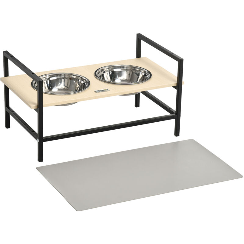 Pawhut - Gamelle double chien porte-gamelles surélevé réglable 2 gamelles acier inox et tapis inclus acier noir aspect bois clair