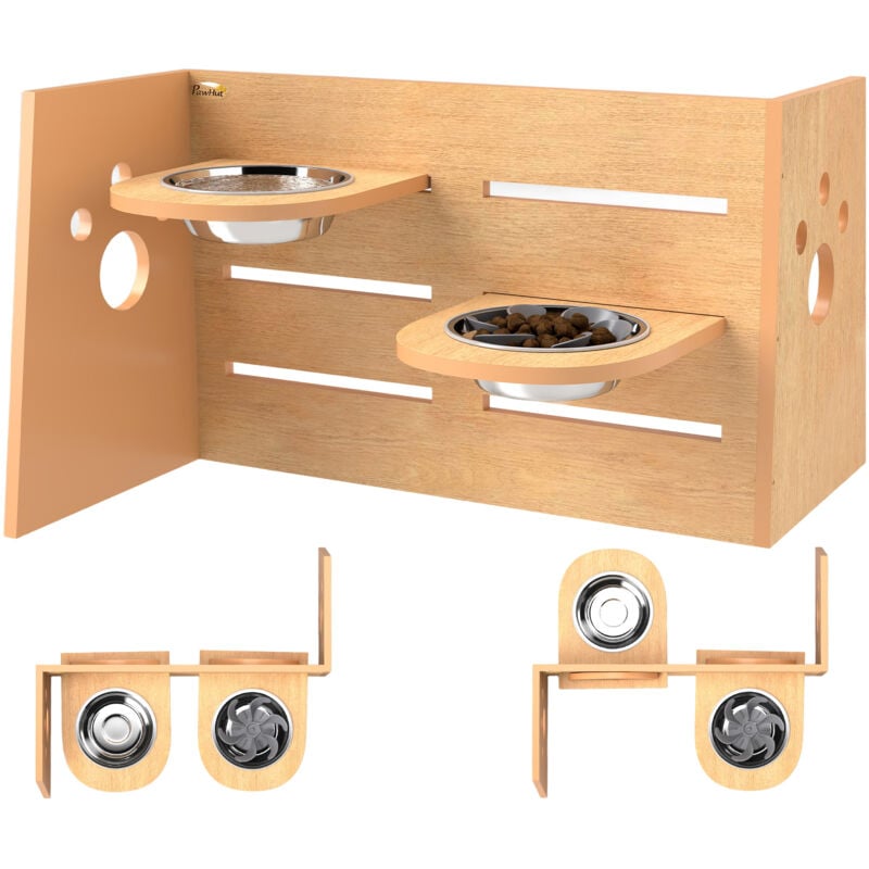 Porte-gamelles modulable réglable écuelles incluses idéal pour 2 chiens aspect bois acier inox