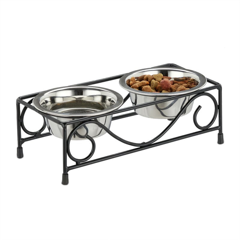 Porte-gamelles, pour chiens et chats, 2 écuelles, chacune ayant un volume de 300 ml, noir/argenté - Relaxdays