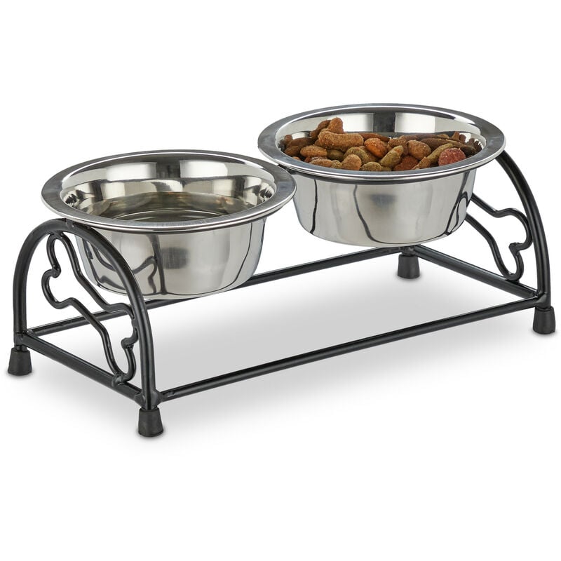 Relaxdays Porte-gamelles pour chiens et chiots, 2 écuelles, chacune ayant un volume de 300 ml, noir/argenté