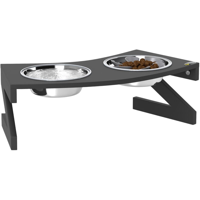 Pawhut - Porte-gamelles surélevé 2 écuelles une anti-glouton acier inox mdf noir