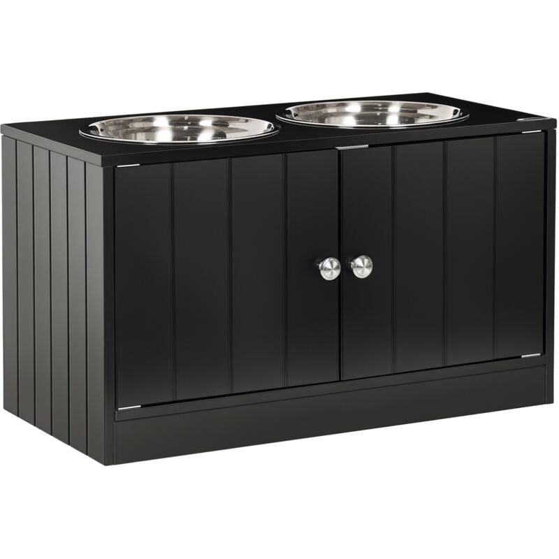 Pawhut - Gamelle double chien chat - porte-gamelles surélevé armoire 2 en 1 - 2 portes, 2 gamelles - acier inox. mdf noir